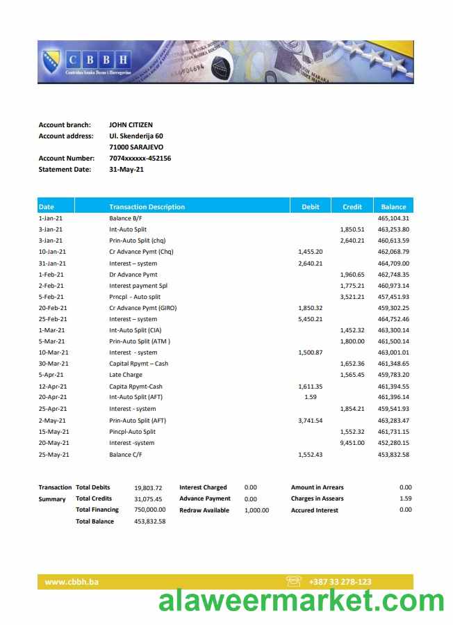 Bosnia and Herzegovina Central Bank statement easy to fill template in Excel and PDF format (AutoSum)